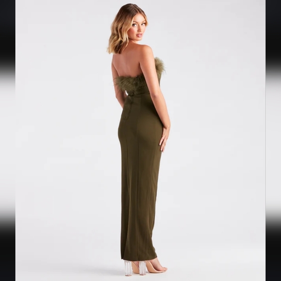 Windsor Medium Olive Green Monica Formal Dress Feather Trim Strapless Split - Picture 2 of 16